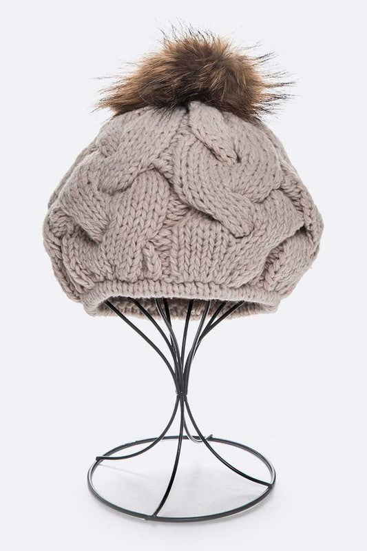 Emmez Cable Knit Natural Raccoon Fur Pom Beret Simmer & Fay Beige O/S