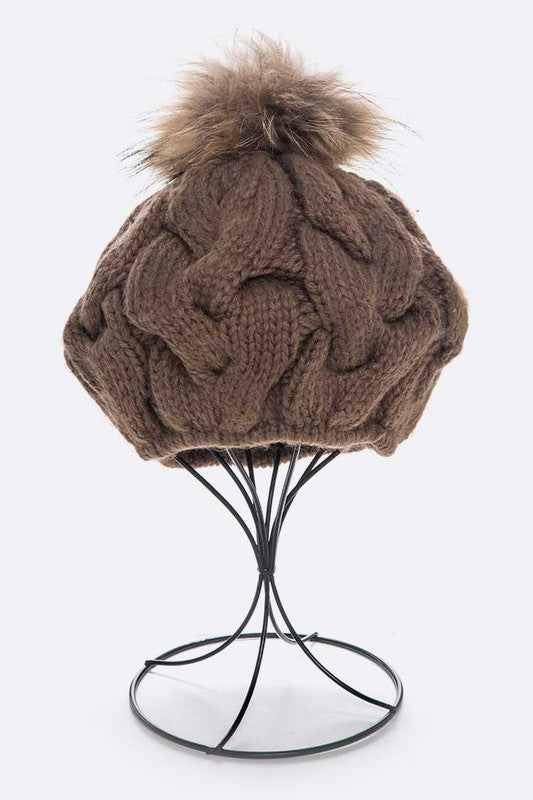 Emmez Cable Knit Natural Raccoon Fur Pom Beret Simmer & Fay Khaki O/S