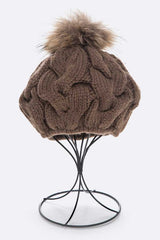 Emmez Cable Knit Natural Raccoon Fur Pom Beret Simmer & Fay Khaki O/S