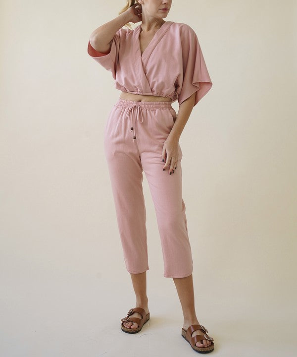 Hemp Cropped Kimono & Jogger Set Fabina MAUVE S 