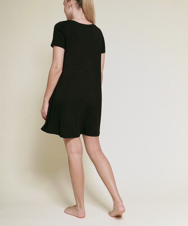 Bamboo Short Sleeve Pocket Flare Dress Fabina   