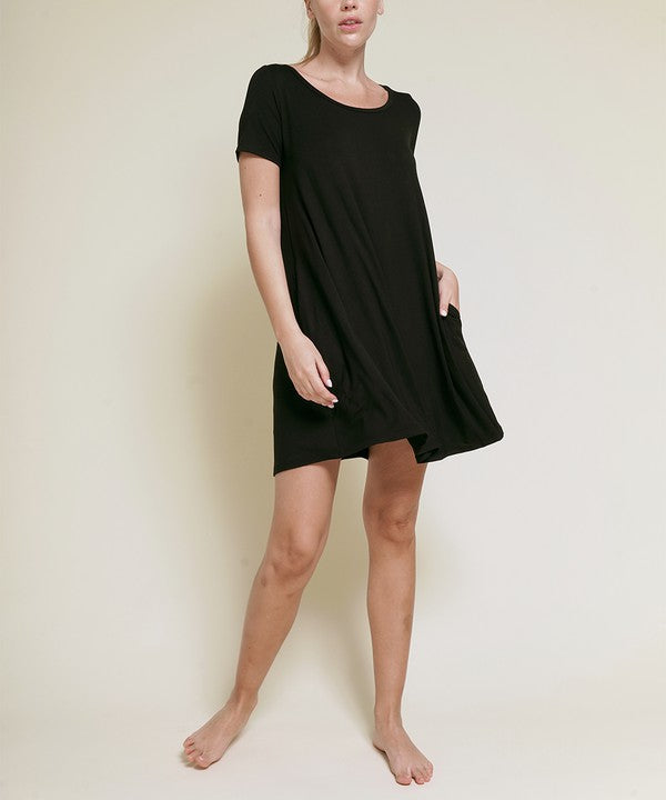 Bamboo Short Sleeve Pocket Flare Dress Fabina BLACK S 