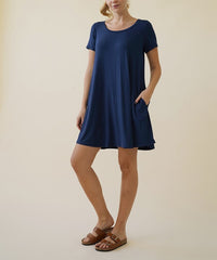 Bamboo Short Sleeve Pocket Flare Dress Fabina SLATE NAVY S 