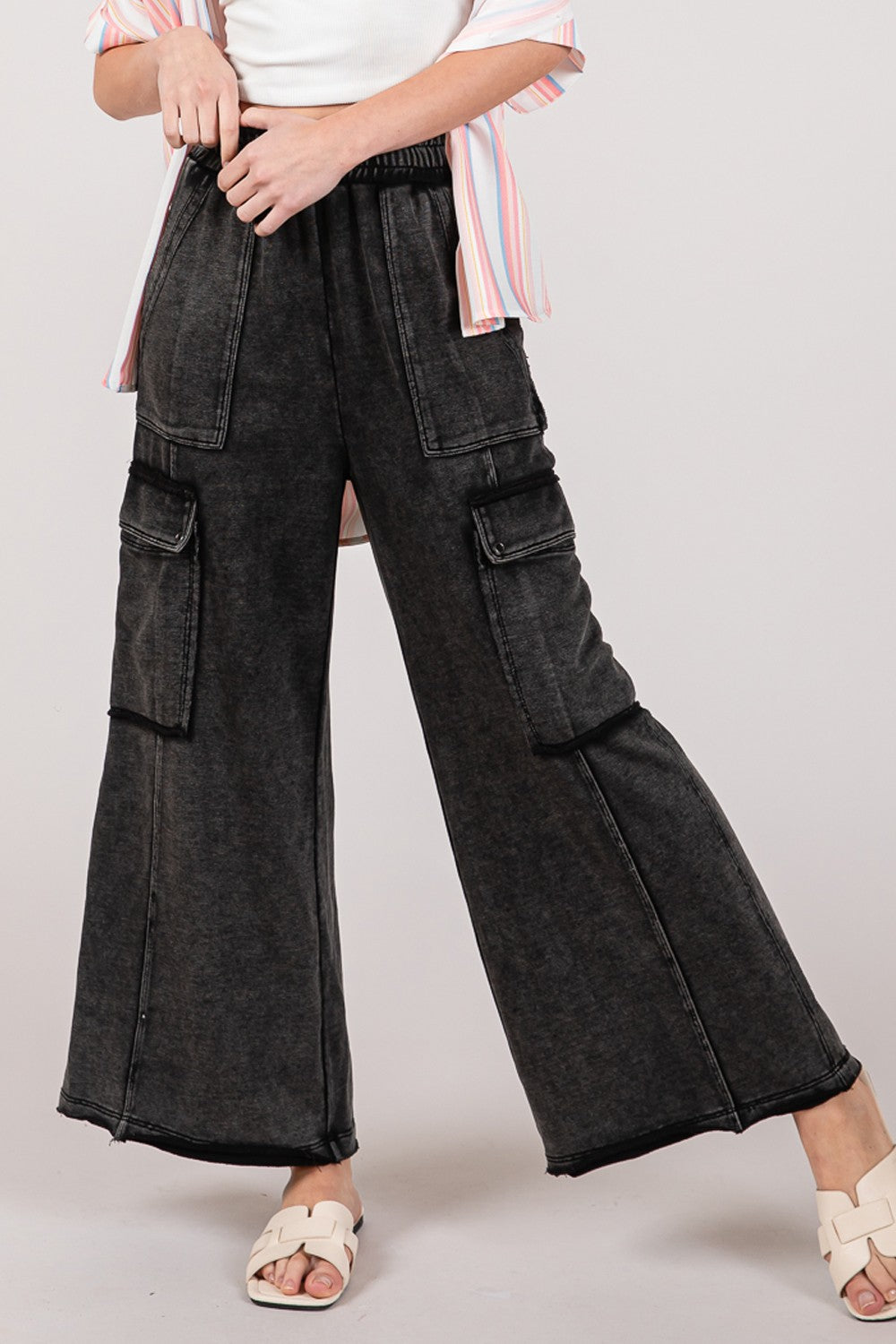 Knit Terry Mineral Wash Wide Leg Pants Sage + Fig Black S 