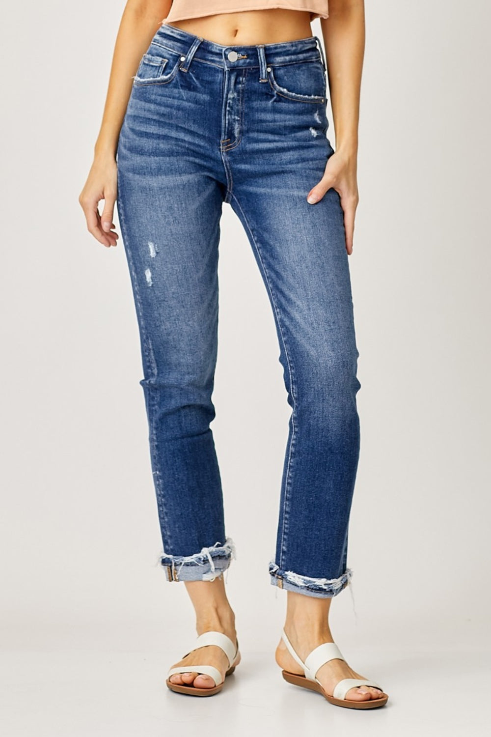 High-Rise Cat Whisker Frayed Cuffed Straight Jeans Risen   