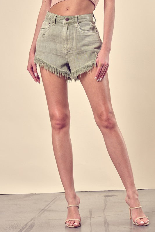 Distressed Frayed Hem Denim Shorts Mustard Seed WASHED OLIVE S 