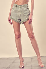 Distressed Frayed Hem Denim Shorts Mustard Seed WASHED OLIVE S 