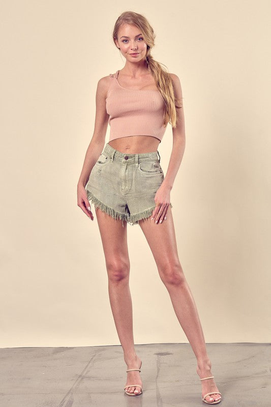 Distressed Frayed Hem Denim Shorts Mustard Seed   