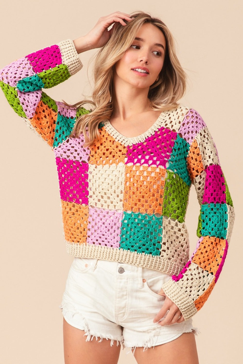 Multi Color Checkered Long Sleeve V-neck Knit Top BiBi Oatmeal Multi S 