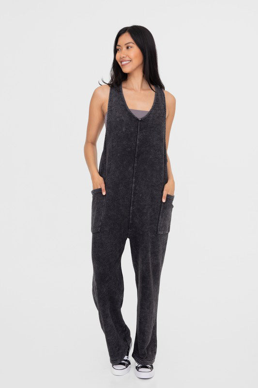 Mineral-Washed V Neck Overalls with Pockets Mono B Black S