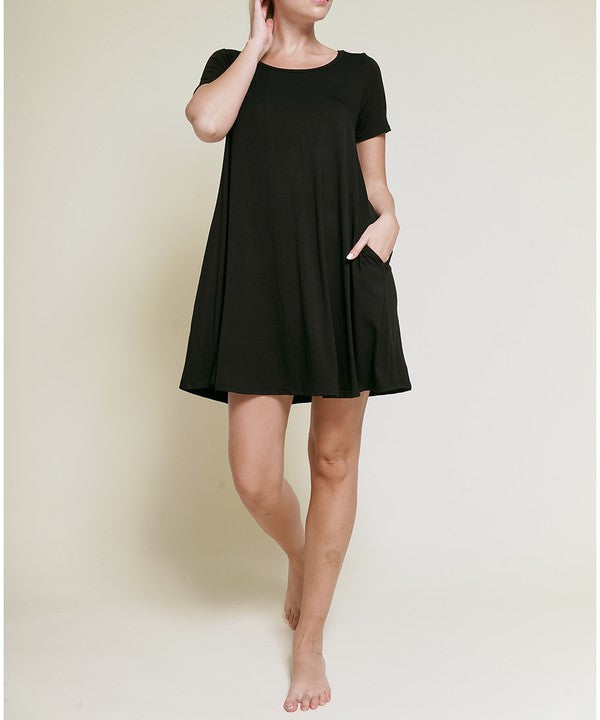 Bamboo Classic Short Sleeve Flare Dress Fabina BLACK S 