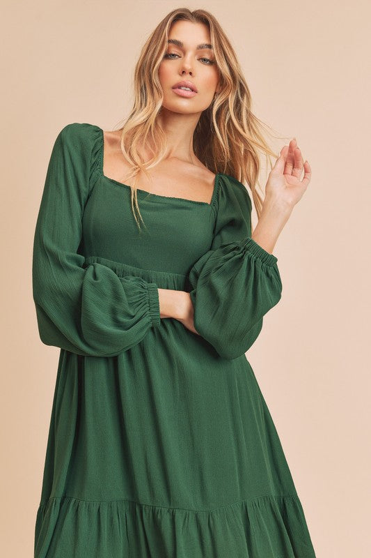 Taya Tiered Puff Sleeve Square Neck Dress Aemi + Co EMERALD S 