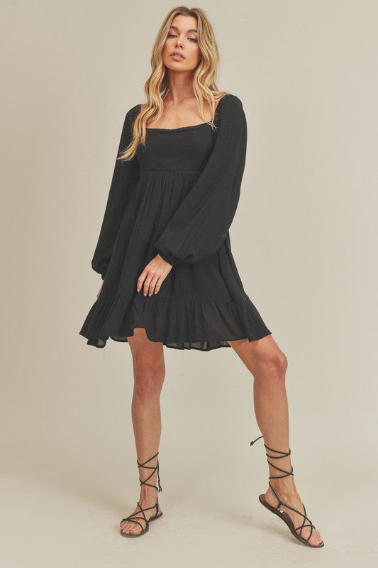 Taya Tiered Puff Sleeve Square Neck Dress Aemi + Co BLACK S 