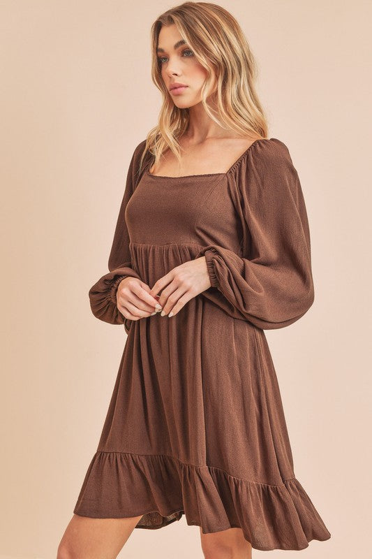 Taya Tiered Puff Sleeve Square Neck Dress Aemi + Co CHOCOLATE S 