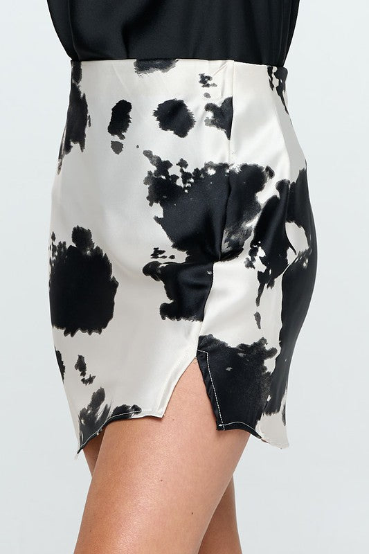 Cow Print Black White Satin Mini Skirt with Slit Renee C.   