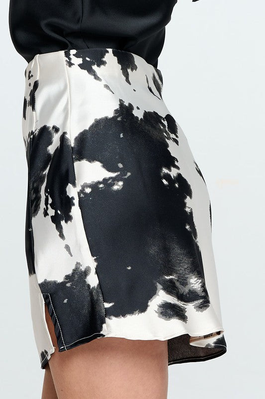 Cow Print Black White Satin Mini Skirt with Slit Renee C.   