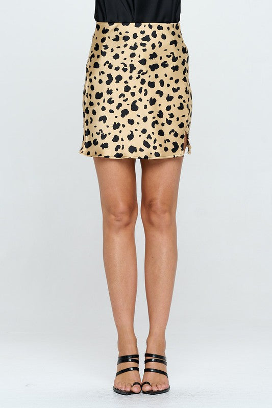 Leopard Print in Gold Black Satin Mini Skirt with Slit Renee C. TA-BK S 