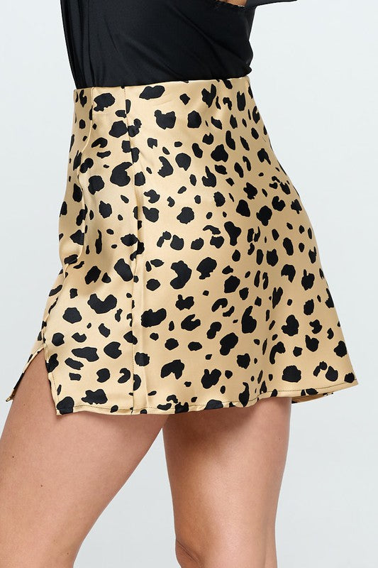 Leopard Print in Gold Black Satin Mini Skirt with Slit Renee C.   