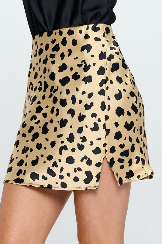 Leopard Print in Gold Black Satin Mini Skirt with Slit Renee C.   