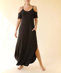 Bamboo Cold Shoulder Maxi Dress Fabina BLACK S 