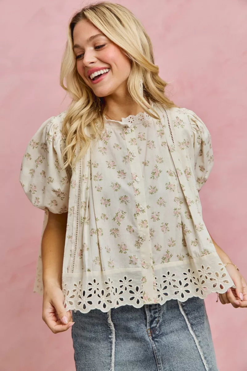 Floral Print Lace Trim Short Sleeves Blouse So Me