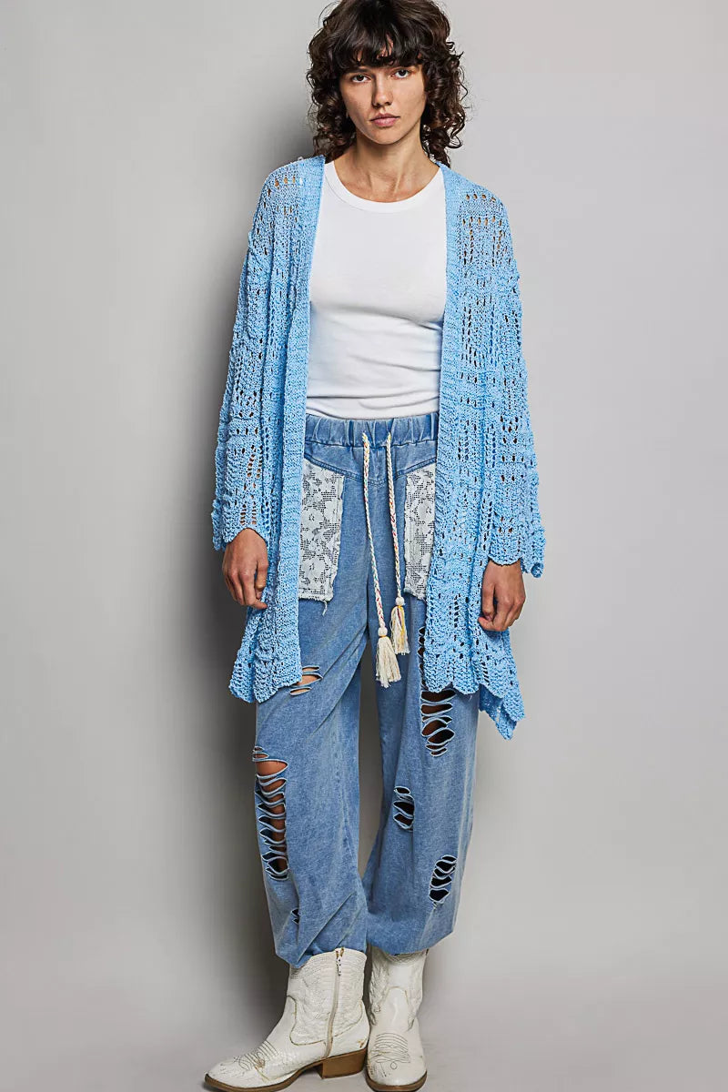 Openwork Lightweight Open Front Cardigan with Scalloped Edge POL
