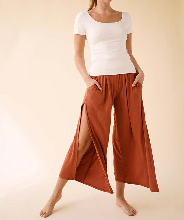 Bamboo Ankle Length Slit Flare Pants Fabina RUST S 