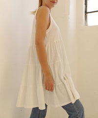 Slub Cotton Tiered Babydoll Tunic Dress Fabina WHITE S 