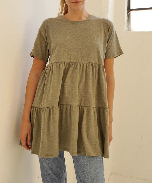 Slub Cotton Babydoll Tiered Tunic Fabina OLIVE S 