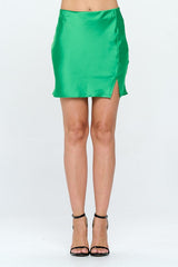 Green Satin Mini Skirt with Slit Renee C. GN S 