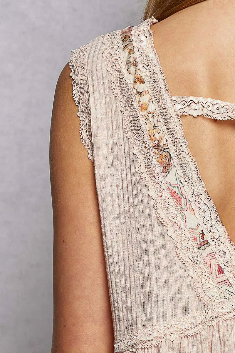 Lace Detail Ruffled Ribbed Sleeveless Top with Floral Pattern Trim Detail POL
