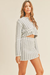 Houndstooth Cropped Knit Cardigan and Mini Skirt Set Mable   