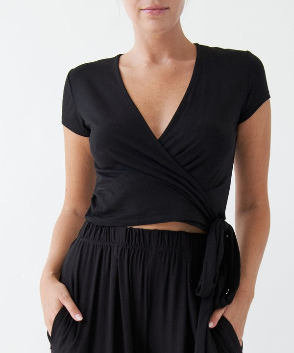 Bamboo Wrap Cropped Cap Sleeve Top Fabina BLACK S 