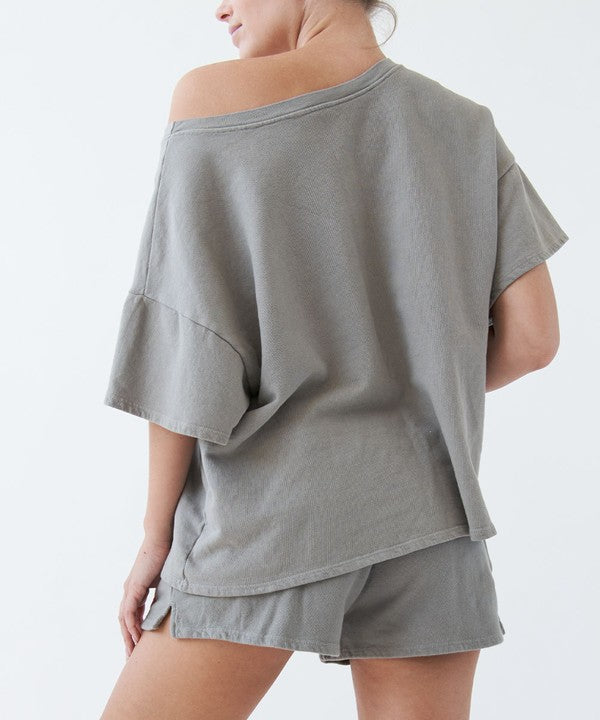 Oversized Garment Dye Open Shoulder Top Fabina   