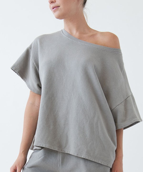 Oversized Garment Dye Open Shoulder Top Fabina   