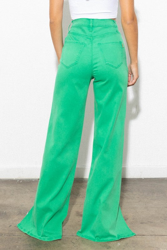 Front Slit Wide Leg Green Tencel Pants Vibrant M.i.U   