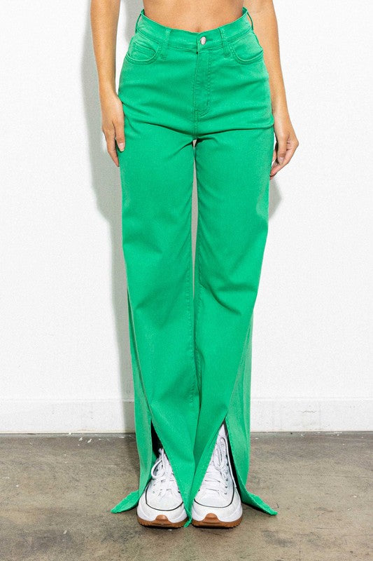 Front Slit Wide Leg Green Tencel Pants Vibrant M.i.U   