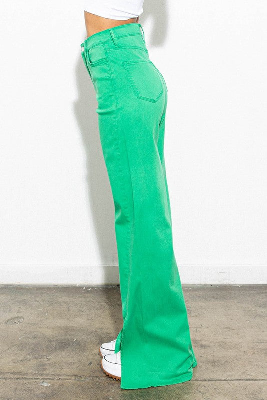 Front Slit Wide Leg Green Tencel Pants Vibrant M.i.U   