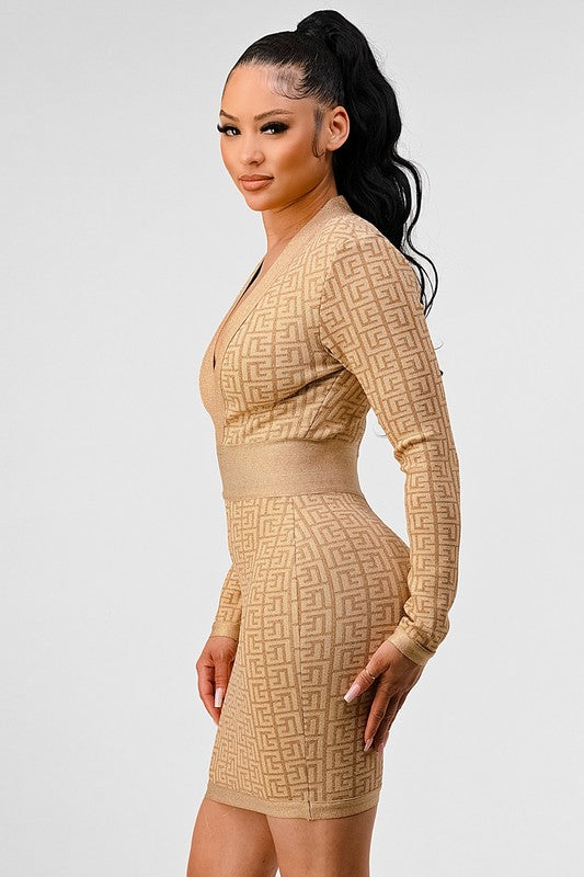 Athina Gold Geometric Print Plunge Bodycon Bandage Dress Athina   