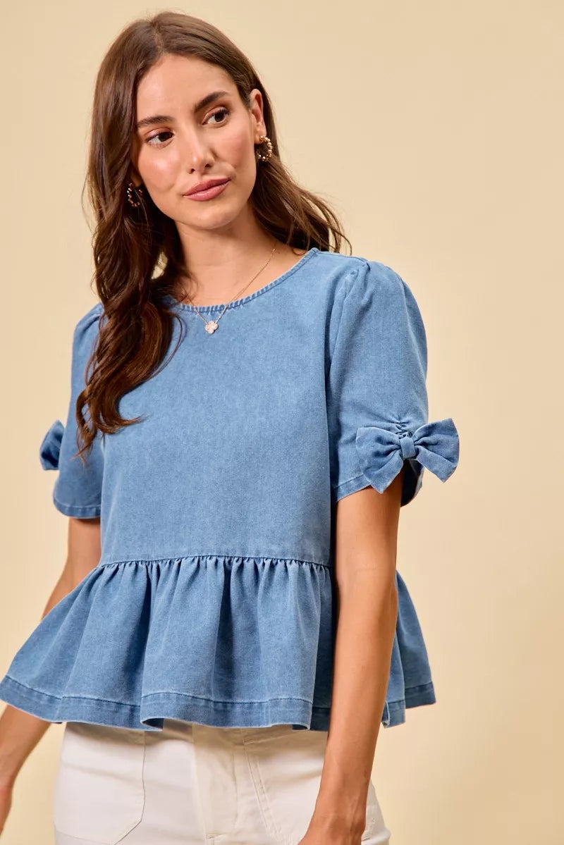 Denim Bow Detail Short Sleeves Peplum Top So Me