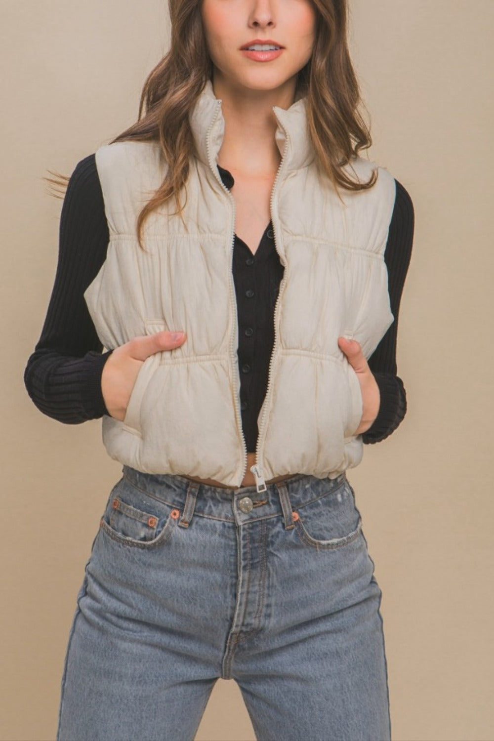 Zip Up Turtleneck Cropped Vest Coat Love Tree   