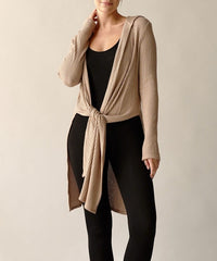 Bamboo Waffle Knit Slim Hoodie Long Cardigan Fabina TAUPE S 