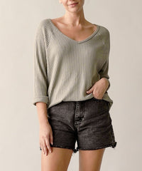 Bamboo Waffle Knit Loose Fit V-neck Top Fabina   