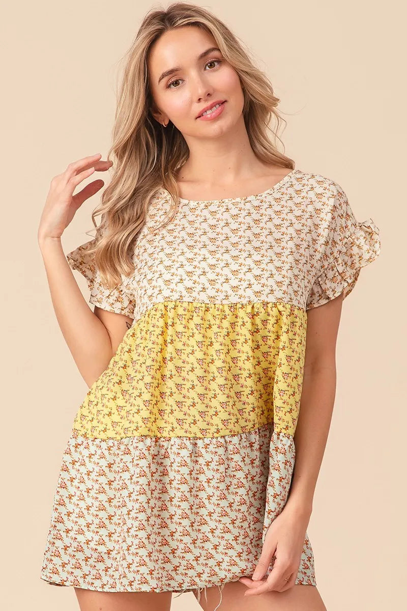 Floral Printed Woven Color Block and Tiered Top BiBi