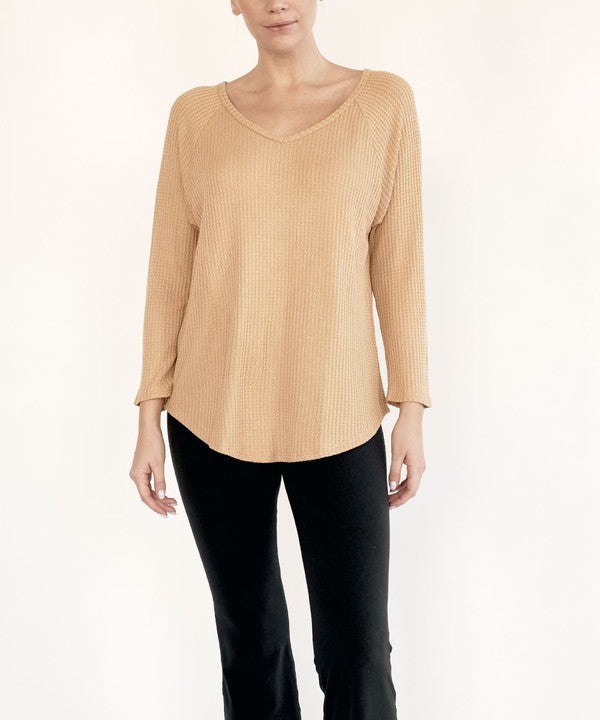 Bamboo Waffle Knit Loose Fit V-neck Top Fabina   