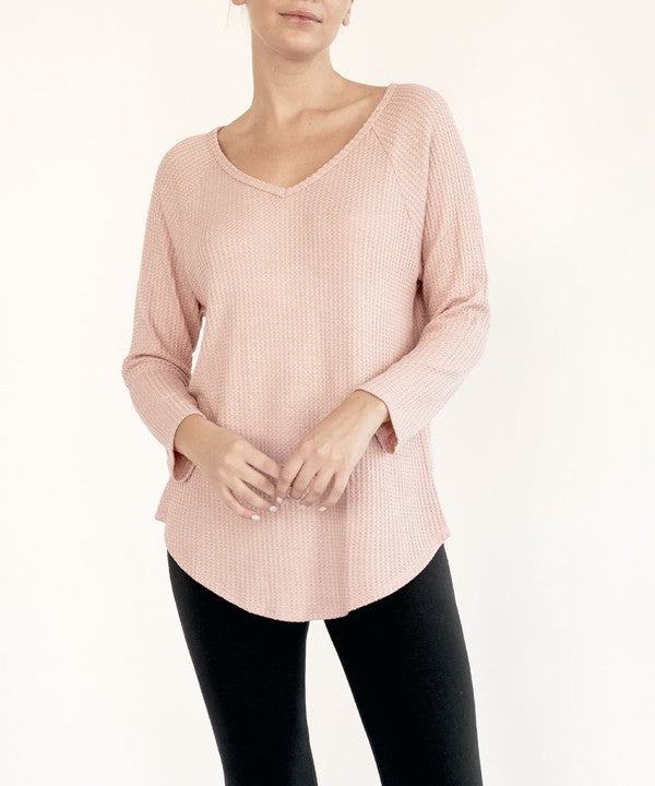 Bamboo Waffle Knit Loose Fit V-neck Top Fabina   