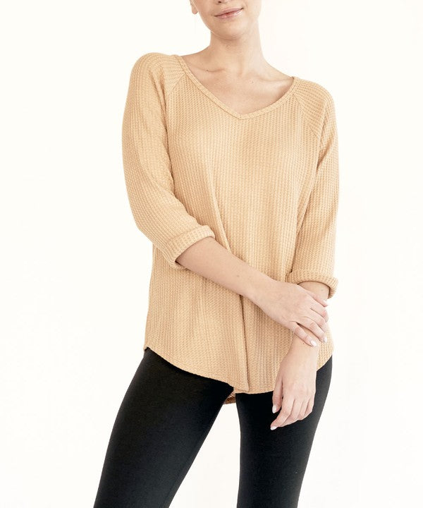 Bamboo Waffle Knit Loose Fit V-neck Top Fabina MUSTARD S 