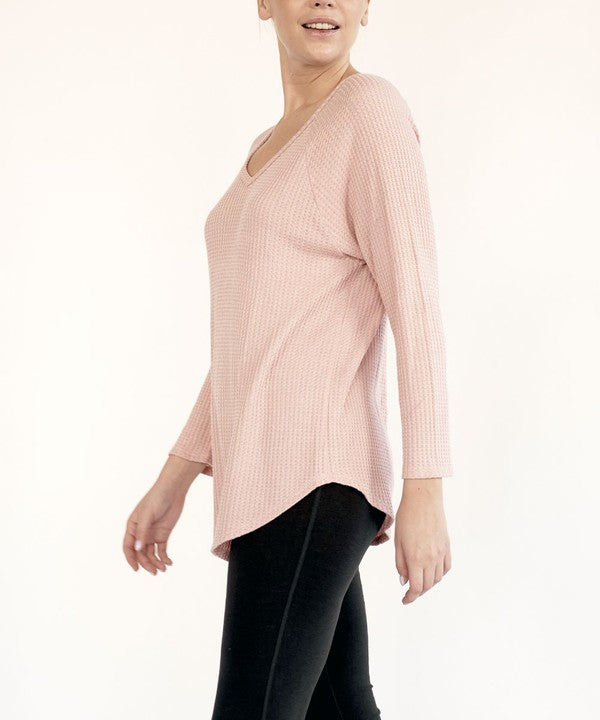 Bamboo Waffle Knit Loose Fit V-neck Top Fabina   