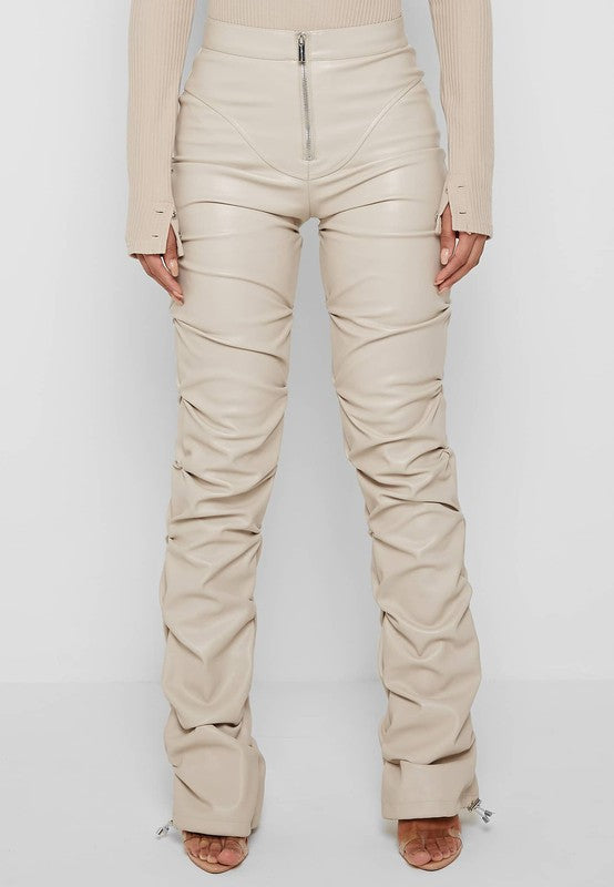 Creme Ruched Faux Leather Pants By Claude   