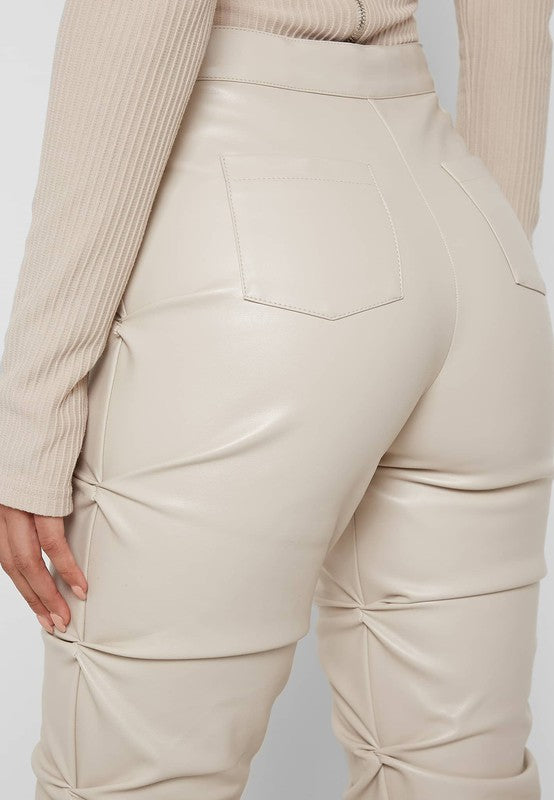 Creme Ruched Faux Leather Pants By Claude   